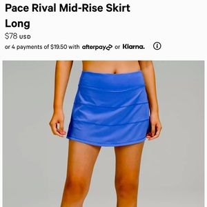 New Lululemon Pace Rival Mid-Rise Tennis Skirt Long - Size 4 Tall in blue!